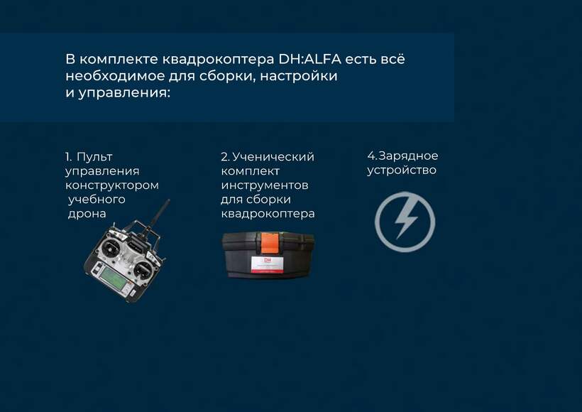 Комплект конструктор программируемый квадрокоптер DH:ALFA (пульт, зарядка, комплект инструментов)

